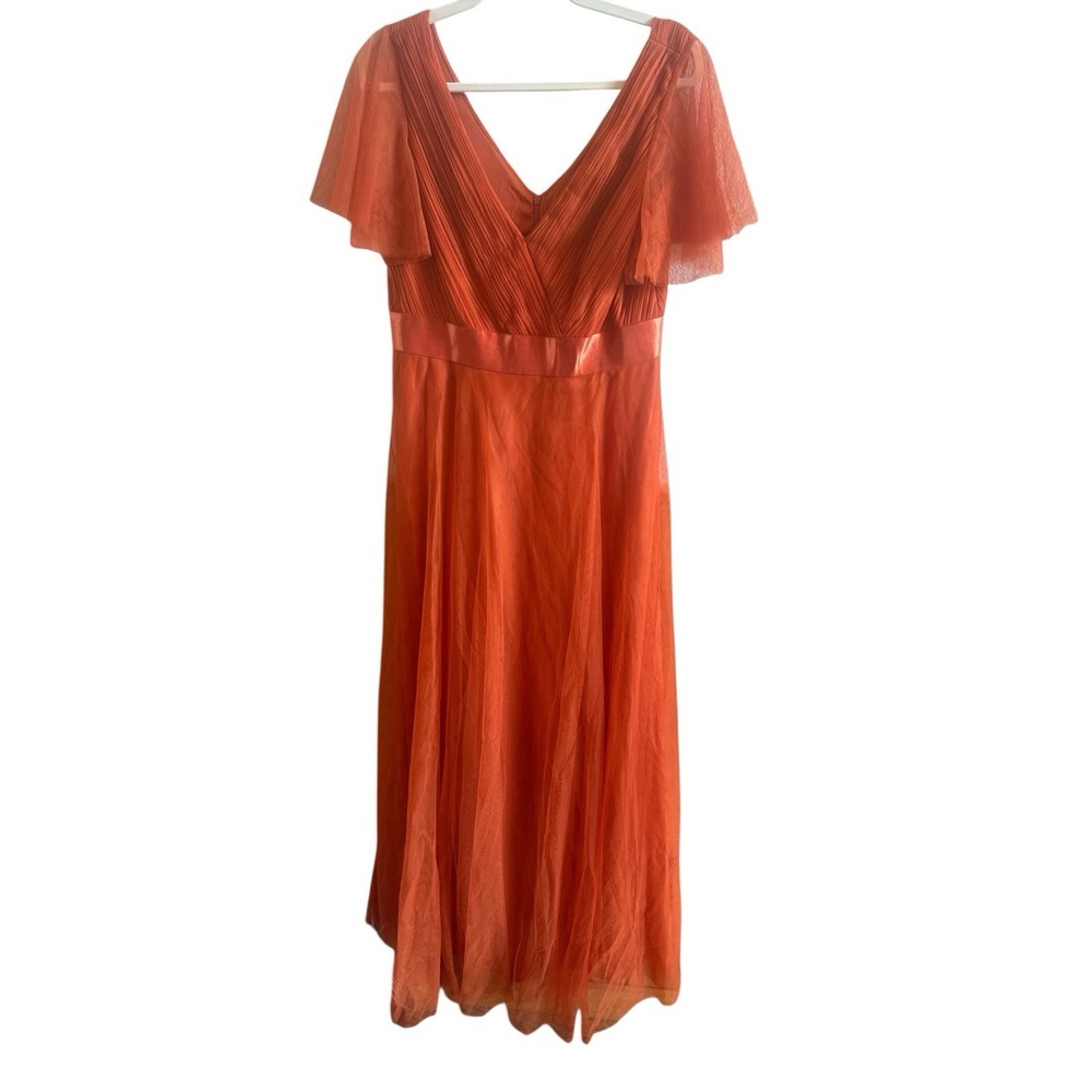 NWT Ever Pretty Orange Maxi Formal Dress Size 12 Flutter Sleeves Tulle Overlay